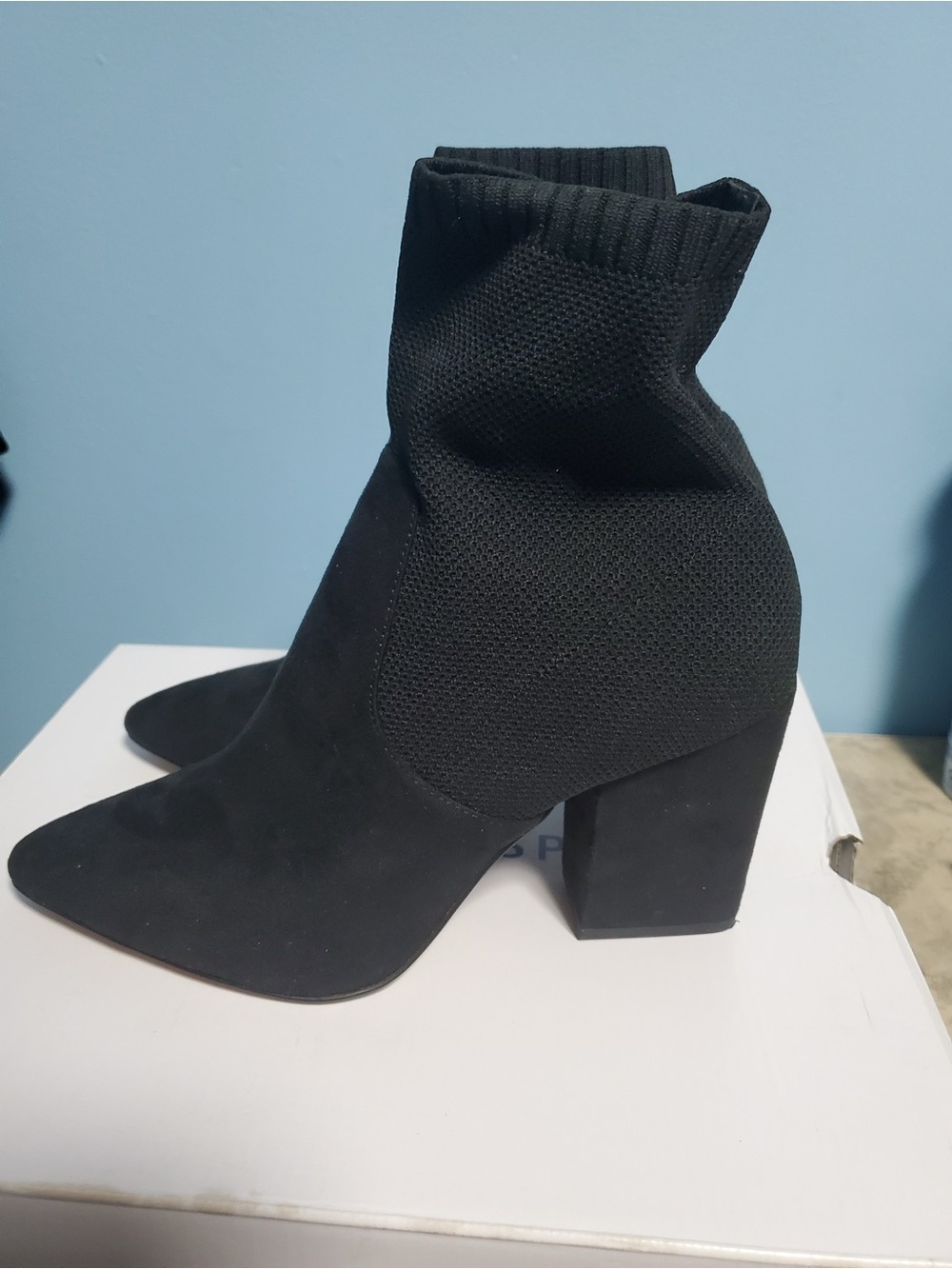 Women's Black Knit Sock Ankle Boot with Block Heel